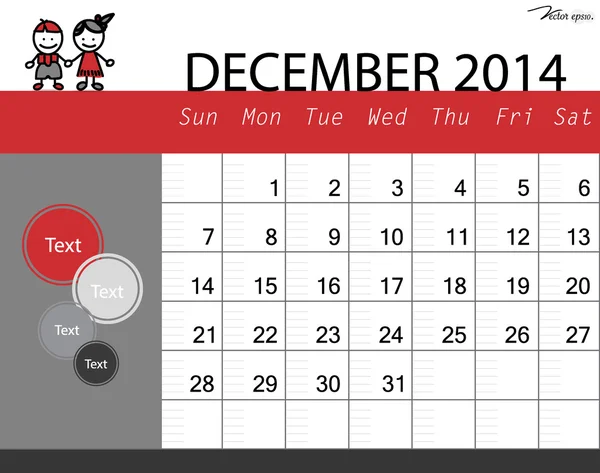 Απλή 2014 ημερολόγιο, Δεκεμβρίου. εικονογράφηση φορέας. — Διανυσματικό Αρχείο
