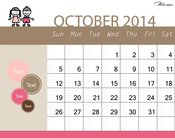 Calendario simple 2014, octubre. Ilustración vectorial . — Vector de stock