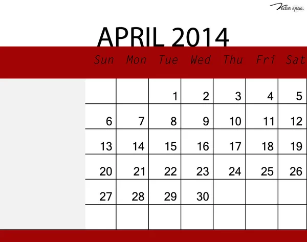 Простой календарь 2014 года, апрель. Векторная иллюстрация . — стоковый вектор