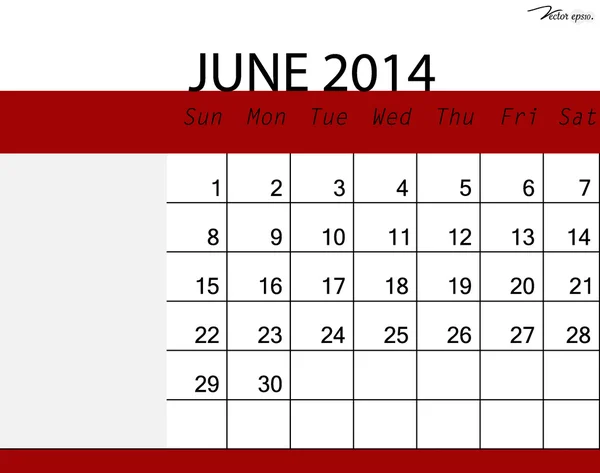 Простой календарь 2014 года, июнь. Векторная иллюстрация . — стоковый вектор
