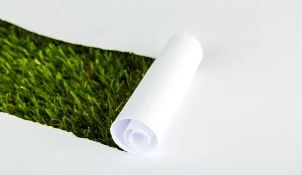 Ripped paper on green grass background — Stock Photo, Image