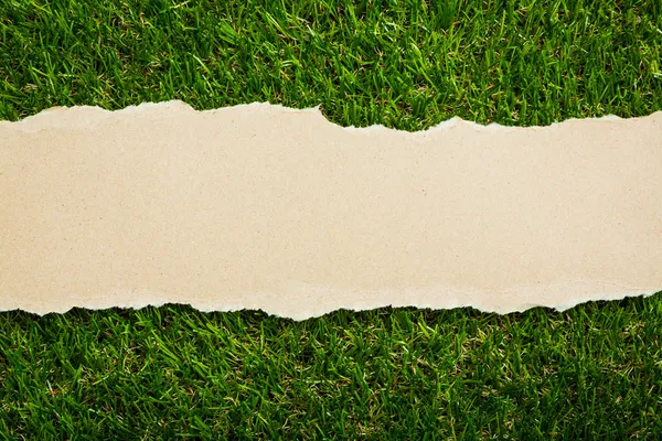 Papel reciclado rasgado em fundo de grama verde — Fotografia de Stock