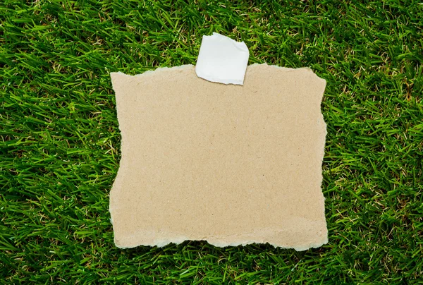 Papel de nota reciclado em branco sobre fundo de grama verde — Fotografia de Stock