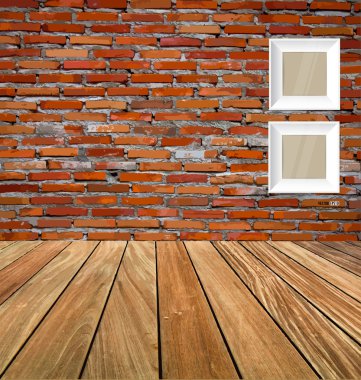 Room interior vintage with red brick wall and wood floor backgro clipart
