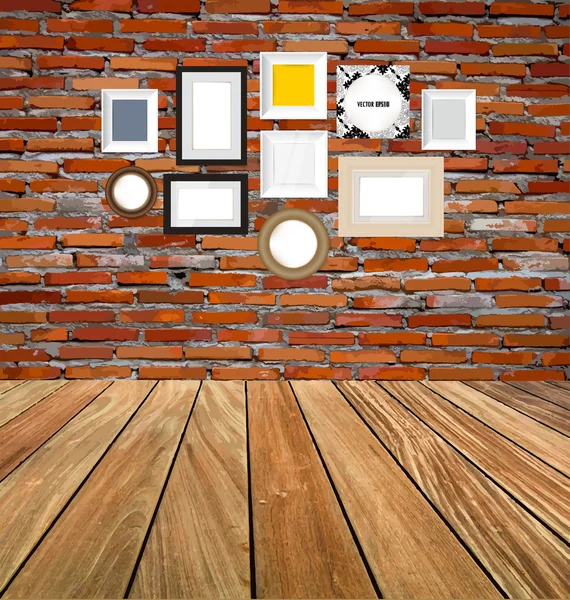 Room interior vintage with red brick wall and wood floor backgro — Stock Vector