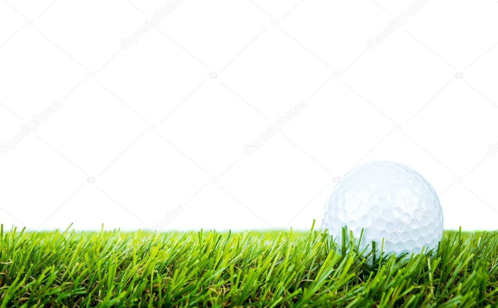 Golf ball on green grass over white background
