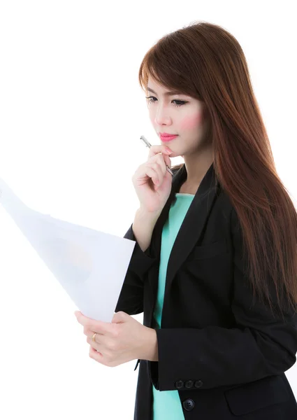 Business woman hold clipboard paper with finance chart isolated — Stock Photo, Image