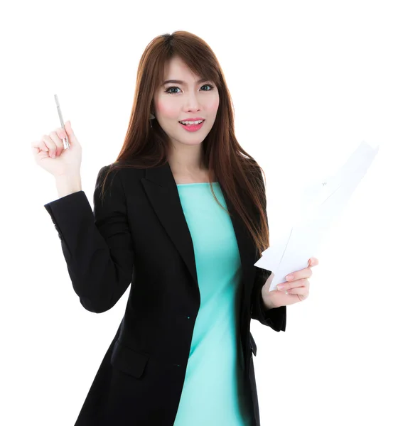 Business woman hold clipboard paper with finance chart isolated — Stock Photo, Image