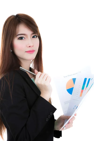 Business woman hold clipboard paper with finance chart isolated Stock Picture
