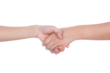 Beyaz arka plan üzerinde izole kadın iki kişinin el sallayarak