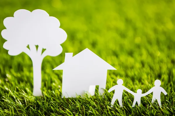 Papír řez rodiny s domem a strom na svěží jarní zelené gr — Stock fotografie