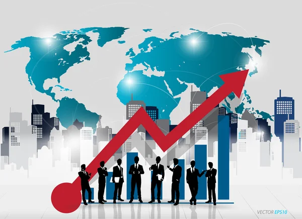 Siluetas para gente de negocios con gráfico y fondo de edificio . — Vector de stock