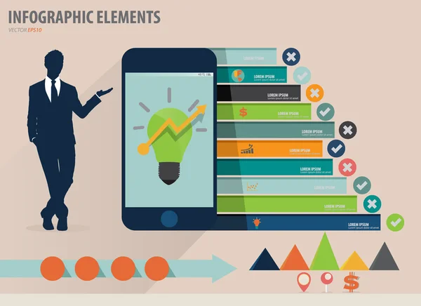 Plantilla de diseño infográfico - hombre de negocios mostrando pantalla táctil de — Archivo Imágenes Vectoriales