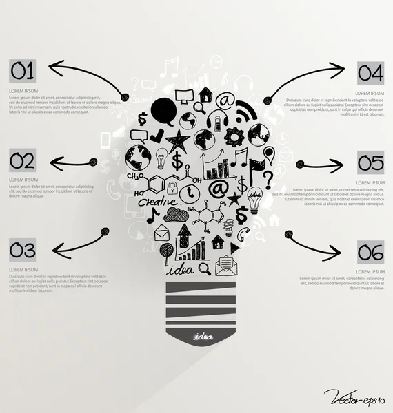 図面とインスピレーションの概念として電球で創造的なアイデア — ストックベクタ