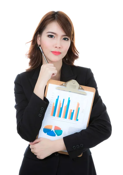 Business woman hold clipboard paper with finance chart isolated — Stock Photo, Image