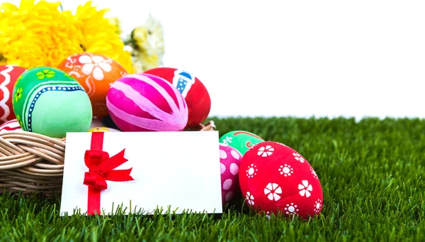Basket of easter eggs with card on Fresh Green Grass — Stock Photo, Image