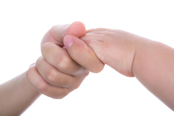 Mama en haar kind hand geïsoleerd op wit — Stockfoto