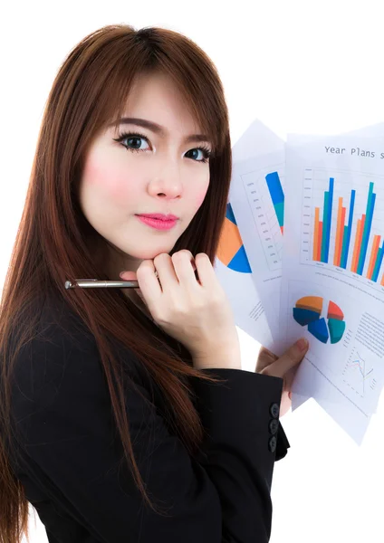 Business woman hold clipboard paper with finance chart isolated Stock Photo
