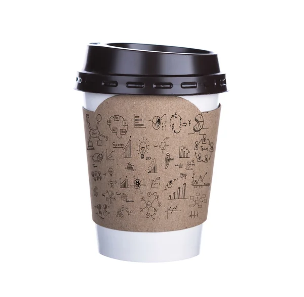 Paper cup of coffee with drawing graph  Isolated white backgroun — Stock Photo, Image