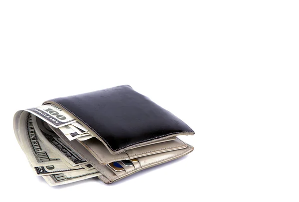 Старий чорний гаманець з доларом ізольований на білому тлі — стокове фото