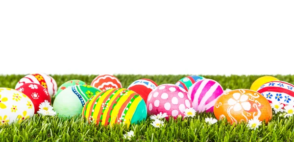 Huevos de Pascua con flor sobre hierba verde fresca sobre fondo blanco — Foto de Stock