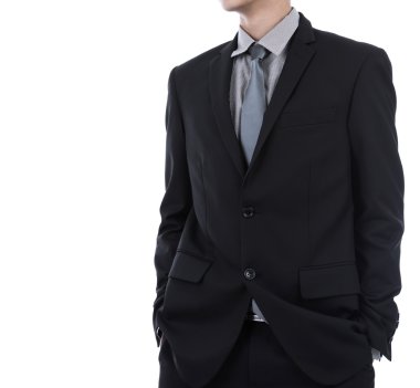 beyaz zemin üzerinde takım elbiseli bir adam iş