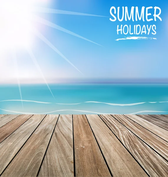 Letní dovolená pozadí s dřevěnou terasou. vektorové ilustrace — Stockový vektor