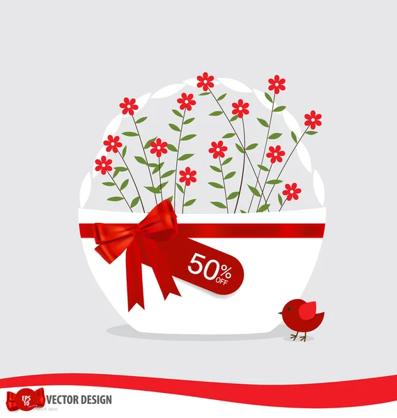 Panier avec des fleurs et des étiquettes de vente. Illustration vectorielle . — Image vectorielle