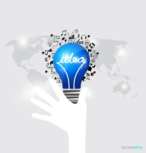 Mains tenant une ampoule avec icône d'application. Illustrat vectoriel — Image vectorielle