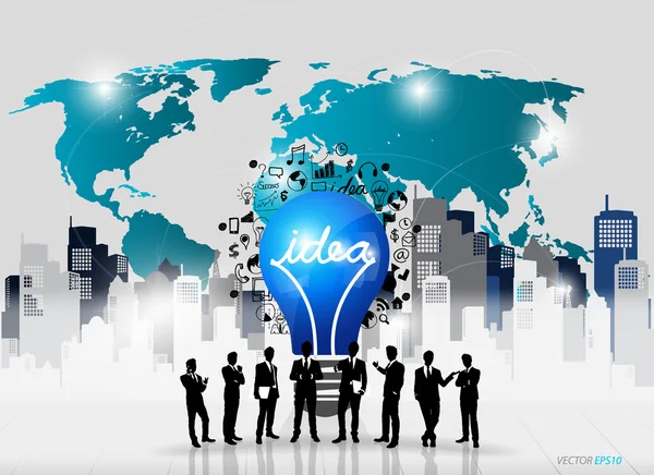 Business people silhouettes and light bulb as inspiration concep — Stock Vector