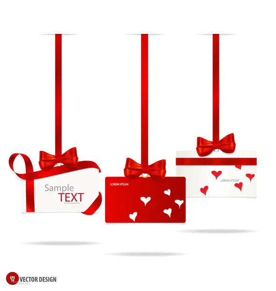 Kaarten met rode gift bogen en red linten. vectorillustratie. — Stockvector