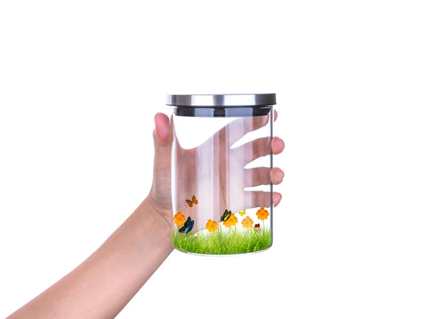 Frasco de vidrio de mano con hierba verde primavera fresca y mariposa —  Fotos de Stock