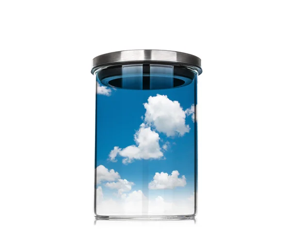 Blauwe hemel en cloud binnen een glazen pot — Stockfoto