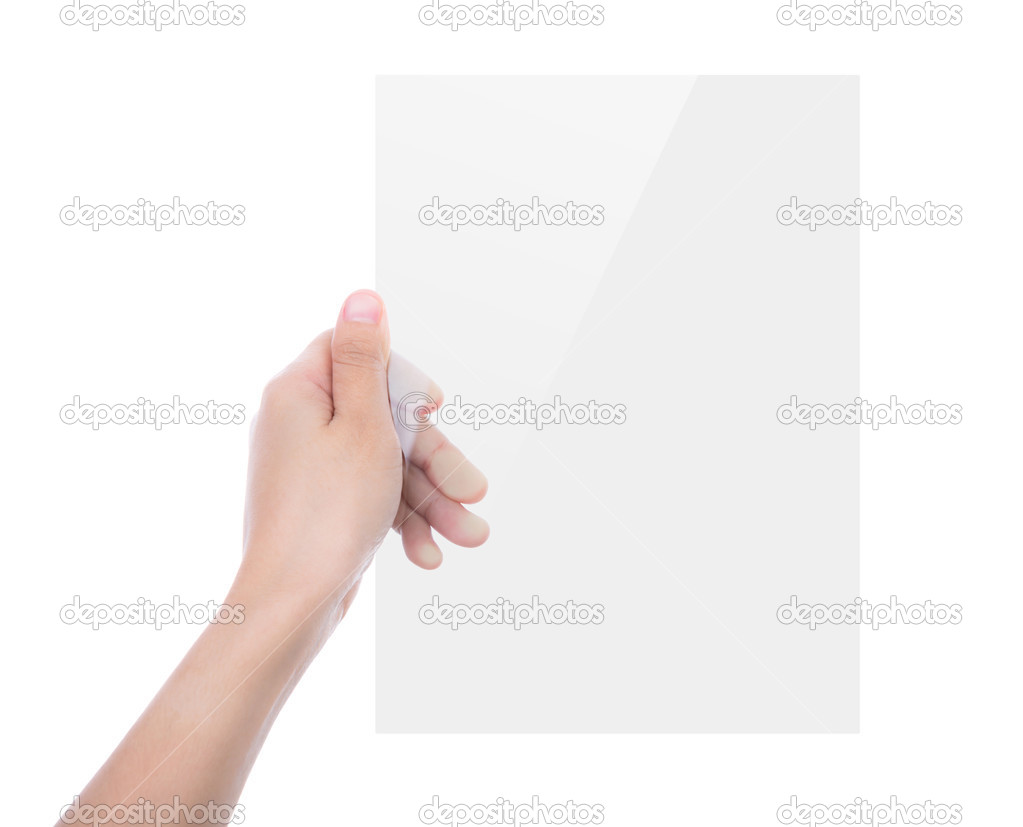 Beautiful woman hand holding transparent white device isolated o