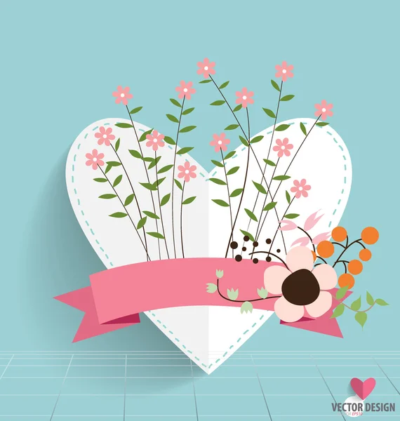 Papel de corazón con ramos florales y cinta, ilustración vectorial — Vector de stock