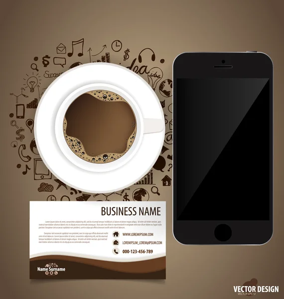Uma xícara de café com ícone de aplicativo, dispositivo touchscreen e ab — Vetor de Stock
