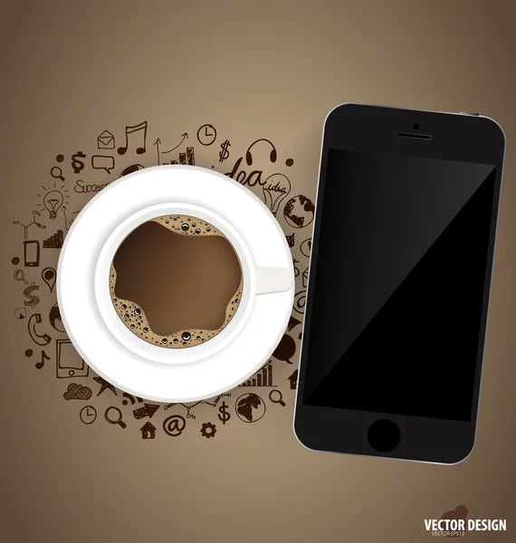 Appareil à écran tactile et une tasse de café avec icône d'application. Ve — Image vectorielle
