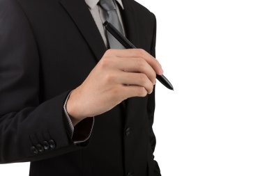 Beyaz arka plan kopya alanı üzerinde yazılı iş adamı