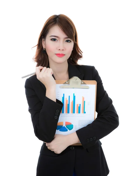 Obchodní žena drží schránky papír s grafem financí, izolované — Stock fotografie