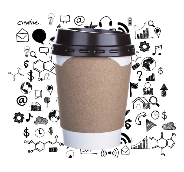 Papieren kopje koffie met het tekenen van de grafiek geïsoleerd witte achtergrond — Stockfoto