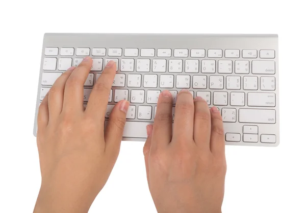 Closeup of business woman hand typing on laptop keyboard (with c — Stock Photo, Image