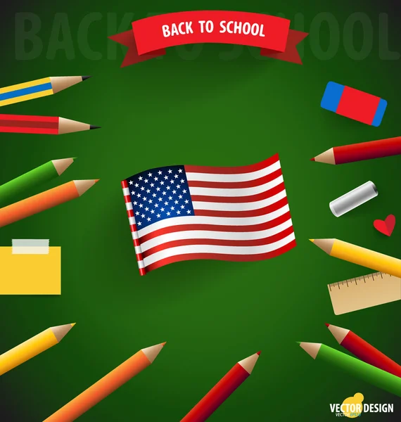 Välkommen tillbaka till skolan med amerikanska flaggan, vektor illustration. — Stock vektor