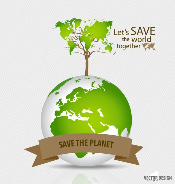 拯救世界： 在地球上的树形世界地图。矢量说明 — 图库矢量图片