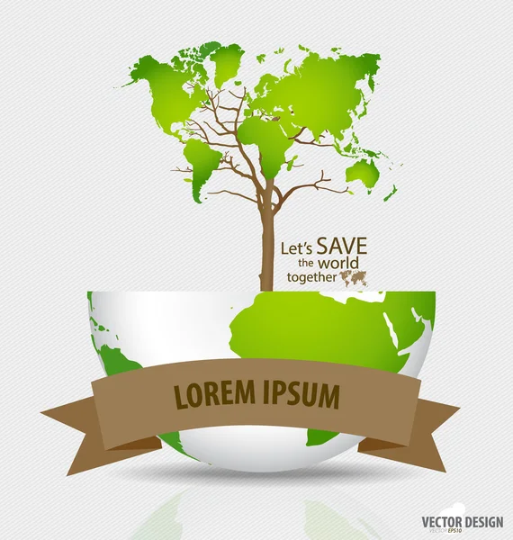 Save the world: Tree shaped world map on a globe (en inglés). Vector illustr — Archivo Imágenes Vectoriales