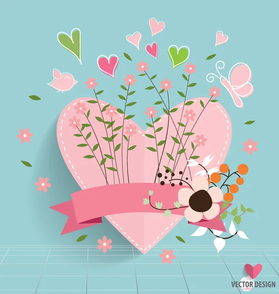 Srdce papír s květinové kytice a stuha, vektorové ilustrace — Stockový vektor