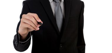 Beyaz arka plan kopya alanı üzerinde yazılı iş adamı