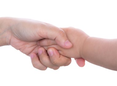 Anne ve çocuk elini üzerine beyaz izole