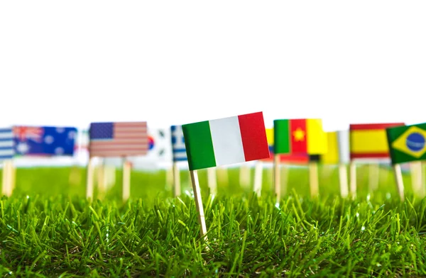Papper skära av flaggor på gräs för fotboll 2014 — Stockfoto