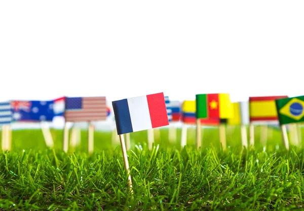 Papper skära av flaggor på gräs för fotboll 2014 — Stockfoto
