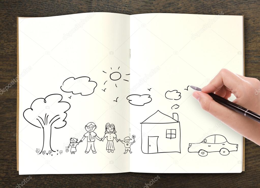 Hand draw in open book of lovely family